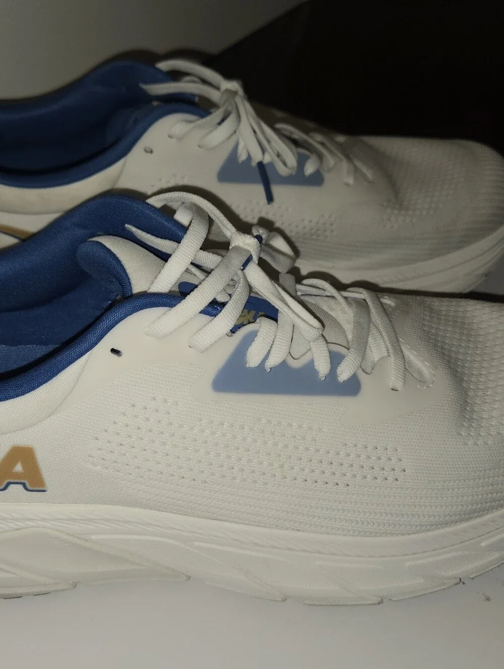 Hoka One One White and Navy Athletic Running Shoes with Gold Logo